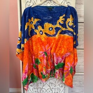 Ralph Lauren vibrant dloral coverup/tunic top with drawstring dolman sleeves S/P